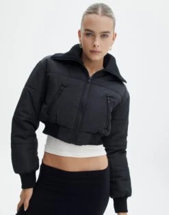 Cropped Faux Leather Bomber Jacket -Outlet Glassons Store noor cropped funnel puffer black front cs91682puf 3