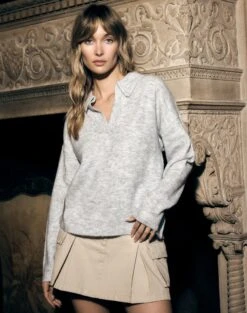 Long Sleeve Collared Knit 27 Long Sleeve Collared Knit -Outlet Glassons Store obisanya open neck pale grey marle front kl78685rpol