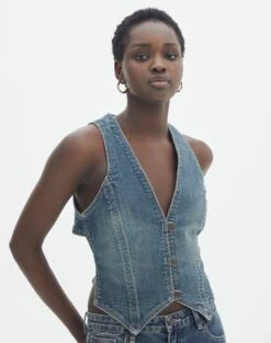 Denim Corset Top -Outlet Glassons Store omar open back wasitcoat coyote blue front bv129462dnm 1