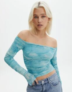 Ruched Print Mesh Off The Shoulder Top 27 Ruched Print Mesh Off The Shoulder Top -Outlet Glassons Store oreo off the shoulder top aqua tie dye front tl124256rprt