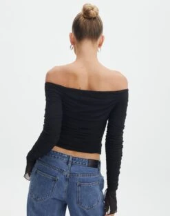 Ruched Mesh Off The Shoulder Top -Outlet Glassons Store oreo off the shoulder top black back tl124256rmsh