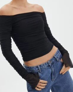 Ruched Mesh Off The Shoulder Top -Outlet Glassons Store oreo off the shoulder top black imageback tl124256rmsh