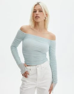 Ruched Mesh Off The Shoulder Top -Outlet Glassons Store oreo off the shoulder top mist me front tl124256rmsh