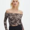 Ruched Print Mesh Off The Shoulder Top -Outlet Glassons Store oreo off the shoulder top soy coffee tie dye front tl124256rprt