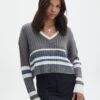 V-Neck Drop Shoulder Varsity Knit Jumper -Outlet Glassons Store paige preppy v neck coal stripe front kl90519ostp