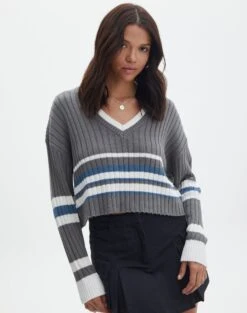 V-Neck Drop Shoulder Varsity Knit Jumper