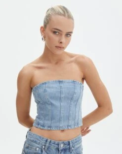 Denim Halter Top -Outlet Glassons Store pancake panelled corset riley vintage wash front bv132499rdnm