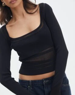 Panelled Knit Long Sleeve Top -Outlet Glassons Store pinny panelled longsleeve black imageback kl114624vn