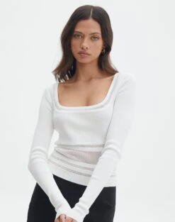 Panelled Knit Long Sleeve Top -Outlet Glassons Store pinny panelled longsleeve white front kl114624vn