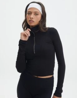 Long Sleeve Ribbed Button Crop Top 39 Long Sleeve Ribbed Button Crop Top -Outlet Glassons Store quinn quarter zip top black front tl93138mod