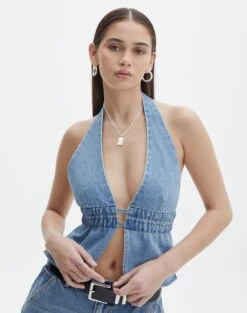 Denim Panelled Strapless Corset -Outlet Glassons Store r dane apron blouse riley vintage wash front bv108528rdnm 1