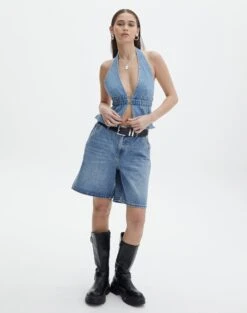 Denim Halter Top -Outlet Glassons Store r dane apron blouse riley vintage wash full bv108528rdnm