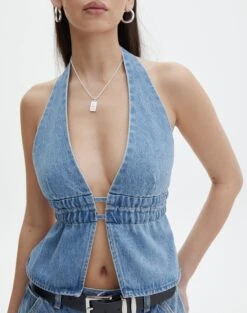 Denim Halter Top -Outlet Glassons Store r dane apron blouse riley vintage wash imageback bv108528rdnm