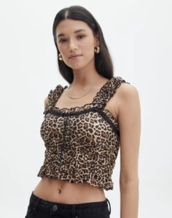 Printed Lace Trim Cami Top -Outlet Glassons Store r leah lace trim blouse blurred leo front bv110648rbll 2