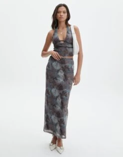 Print Mesh Maxi Skirt -Outlet Glassons Store r marina mesh maxi skirt mink tie dye front sl53303rpri 2