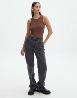 Rib High Neck Bodysuit -Outlet Glassons Store raro razor ribbed bodysuit deep umber full tb116787vis