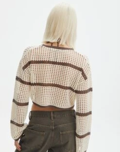 Crochet Stripe Long Sleeve Top -Outlet Glassons Store raven crochet longsleeve boneirish stripe back kl125709cro