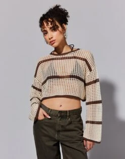 Zip Up Knit Cropped Hoodie -Outlet Glassons Store raven crochet longsleeve boneirish stripe front kl125709cro 4