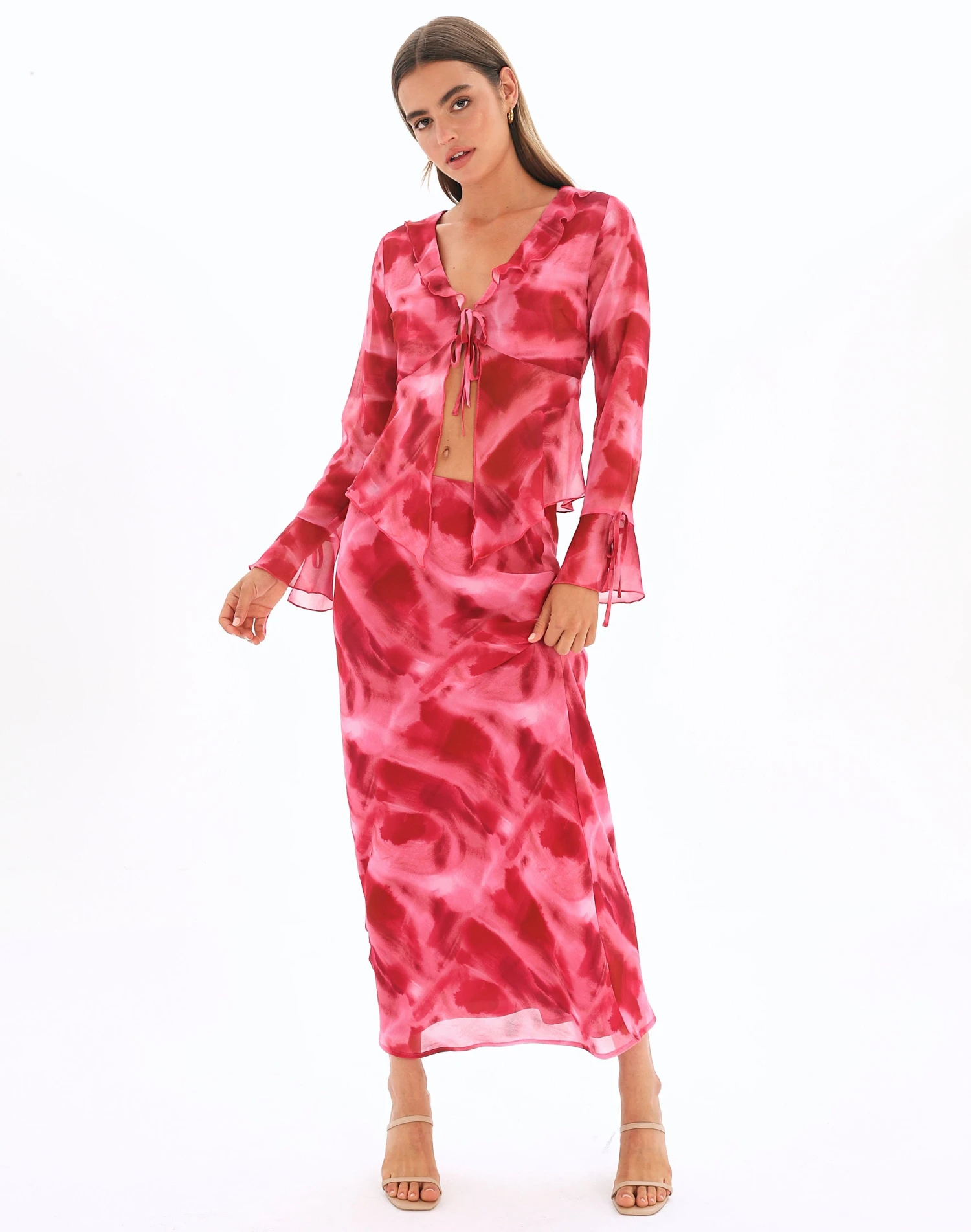 Print Frill Split Tie Front Blouse 4 Print Frill Split Tie Front Blouse - Image 2