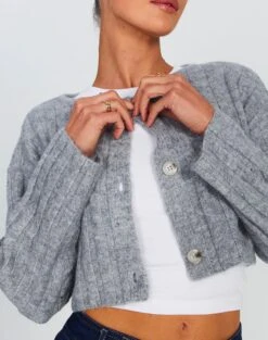 Cropped Long Sleeve Knit Cardigan -Outlet Glassons Store robin rib cardi grey marle detail kc78726rpol