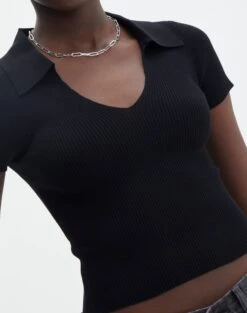 Collared Ribbed Knit Crop Top -Outlet Glassons Store sammie collared black imageback ks123930vp