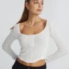 Luxe Lounge Modal Long Sleeve Button Crop Top -Outlet Glassons Store sophina scoop neck longsleeve milk front tl90775mod