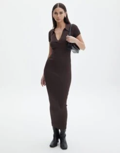 V Neck Collared Wide Rib Knit Dress -Outlet Glassons Store t von v neck ss maxi irish coffee full kd103987tknt