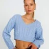 Cropped Cable Knit V Neck Jumper -Outlet Glassons Store tartt cable v neck crop monday blues front kl78966ca 1