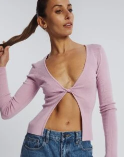 Twist Split Front Long Sleeve Knit -Outlet Glassons Store travi twist front longsleeve shrinking violet imageback kl63496knt