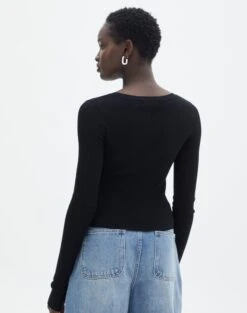 Ribbed V Neck Long Sleeve Knit -Outlet Glassons Store vance v neck black back kl79068vn