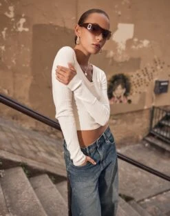 Ribbed V Neck Long Sleeve Knit -Outlet Glassons Store vance v neck milk full kl79068vn