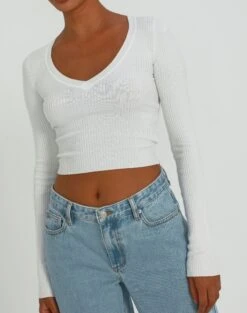 Ribbed V Neck Long Sleeve Knit -Outlet Glassons Store vance v neck milk imageback kl79068vn