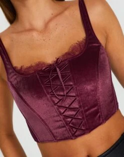 Velvet Tie Front Lace Trim Corset Top -Outlet Glassons Store varna velvet bralette berry the hatchet imageback ut109831vel