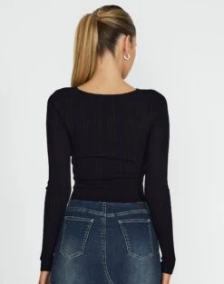 Twist Front Cut Out Long Sleeve Knit Top -Outlet Glassons Store volly varigated twist knit black back kl103057ve