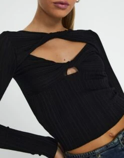 Twist Front Cut Out Long Sleeve Knit Top -Outlet Glassons Store volly varigated twist knit black imageback kl103057ve