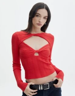 Twist Front Cut Out Long Sleeve Knit Top -Outlet Glassons Store volly varigated twist knit mulan red front kl103057ve