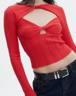 Twist Front Cut Out Long Sleeve Knit Top -Outlet Glassons Store volly varigated twist knit mulan red imageback kl103057ve