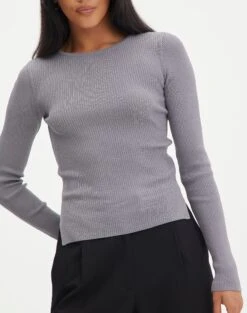 Ribbed Long Sleeve Split Side Knit 25 Ribbed Long Sleeve Split Side Knit -Outlet Glassons Store wilber wide neck keep your coal imageback kl124045vn