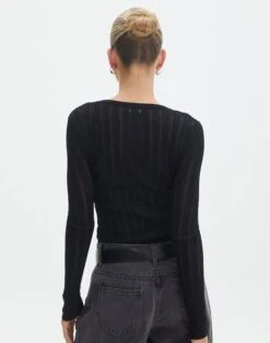 Sheer Ribbed Long Sleeve Knit Top -Outlet Glassons Store zara sheer crepe crew black back kl89942sc