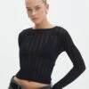 Sheer Ribbed Long Sleeve Knit Top -Outlet Glassons Store zara sheer crepe crew black front kl89942sc 14