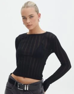 Knit Mesh Long Sleeve Top -Outlet Glassons Store zara sheer crepe crew black front kl89942sc 3