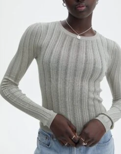 Sheer Ribbed Long Sleeve Knit Top -Outlet Glassons Store zara sheer crepe crew when in sprout imageback kl89942sc